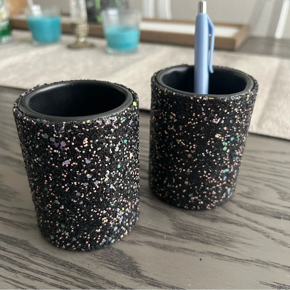 New! 2 Black Glitter PU Leather Holder for Makeup Brushes, Eyeglasses, Pens etc